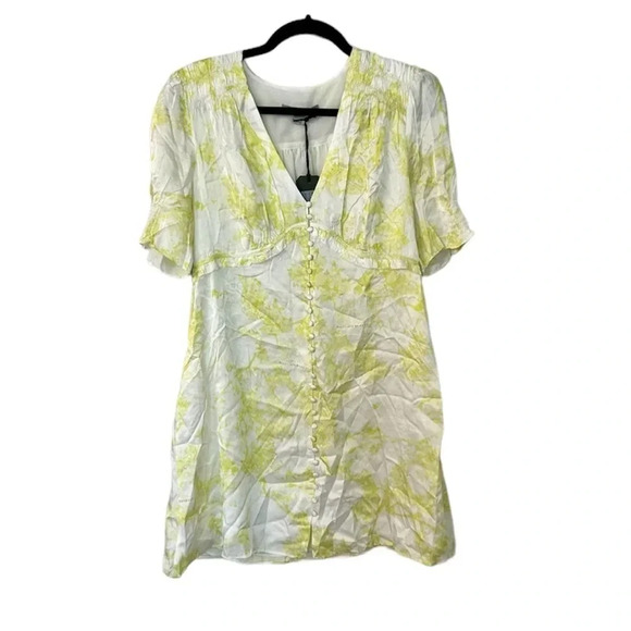 All Saints Demi Marama Dress in Citrus Yellow Short Puff Sleeve V-Neck Sz 8 NWT - Picture 1 of 9